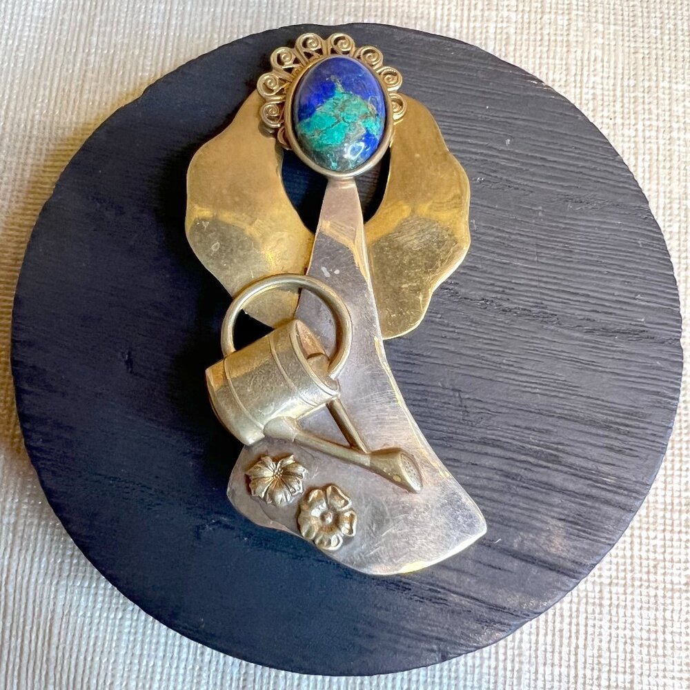 Large Vintage Artisan Angel Brooch, Brass & Silvertone, Genuine Azurite Stone